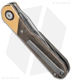 Kizer Vanguard Comet Liner Lock Knife Brass/Green Micarta (2.9" Satin) -Kizer Knife Shop Kizer Comet Vanguard LLK Brass Micarta 2in Satin BHQ 156412 td side 2