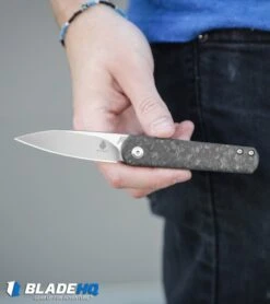 Kizer Lundquist Feist Front Flipper Knife Shred CF (2.8" Stonewash) Ki3499E4 -Kizer Knife Shop Kizer Lundquist Feist Liner Lock Front Flipper Knife Marble CF Stonewash BHQ 101711 kp in hand web